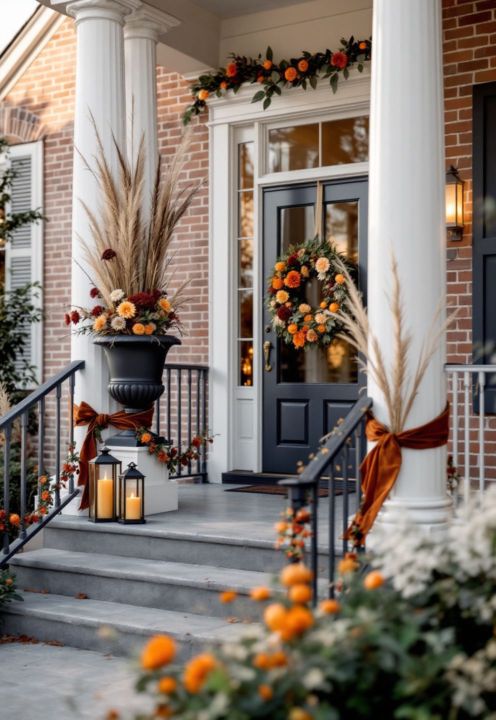 The Columned Entry: Elegant, Sophisticated Architecture-Led – seasonal — fall seasonal — fall decor · Fall Porch Decor Ideas: 15 Welcoming Seasonal Transformations for Your Front Door