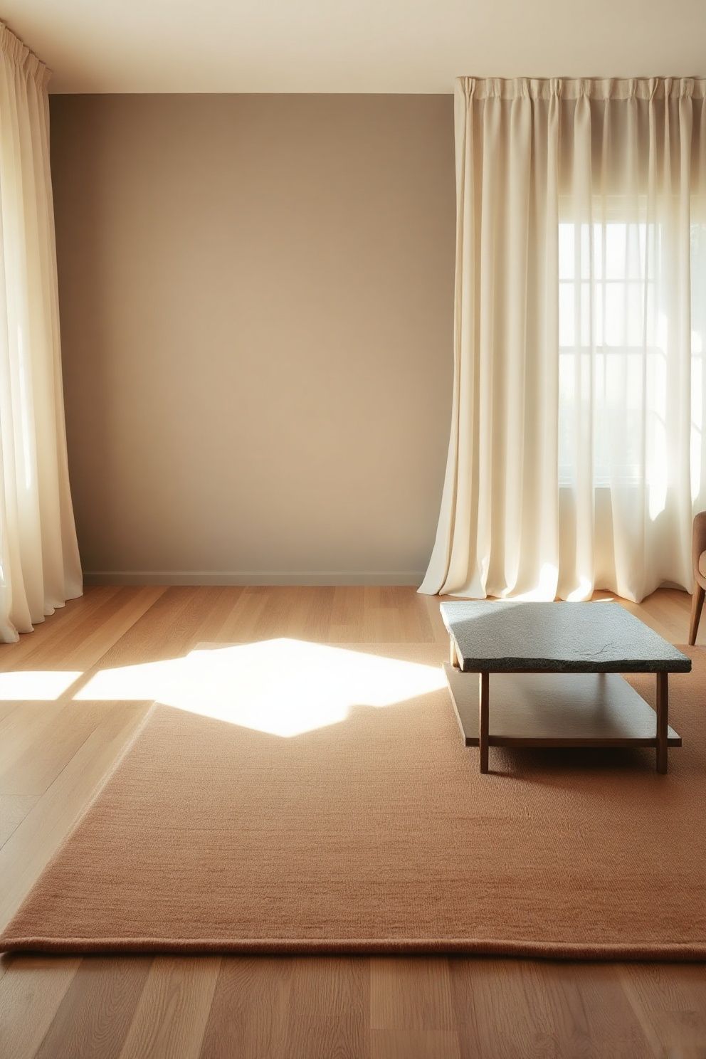 A Felted Wool Rug in Warm Sand Layered Over Bare Timber Floor – japandi — living room japandi — living room decor · 18 Cozy Japandi Living Room Ideas That Feel Like a Warm Hug