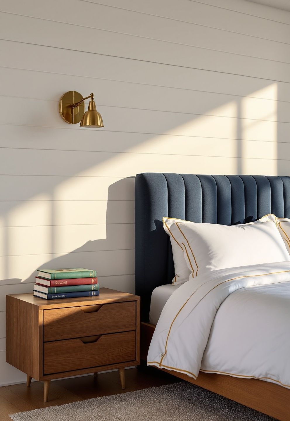 Mid-Century Walnut Bed Frame, Navy Channel-Tufted Headboard, and Wide White Plank Walls – coastal — bedroom coastal — bedroom decor · California Coastal Bedroom: 14 Laid-Back Golden State Designs That Feel Like Permanent Summer