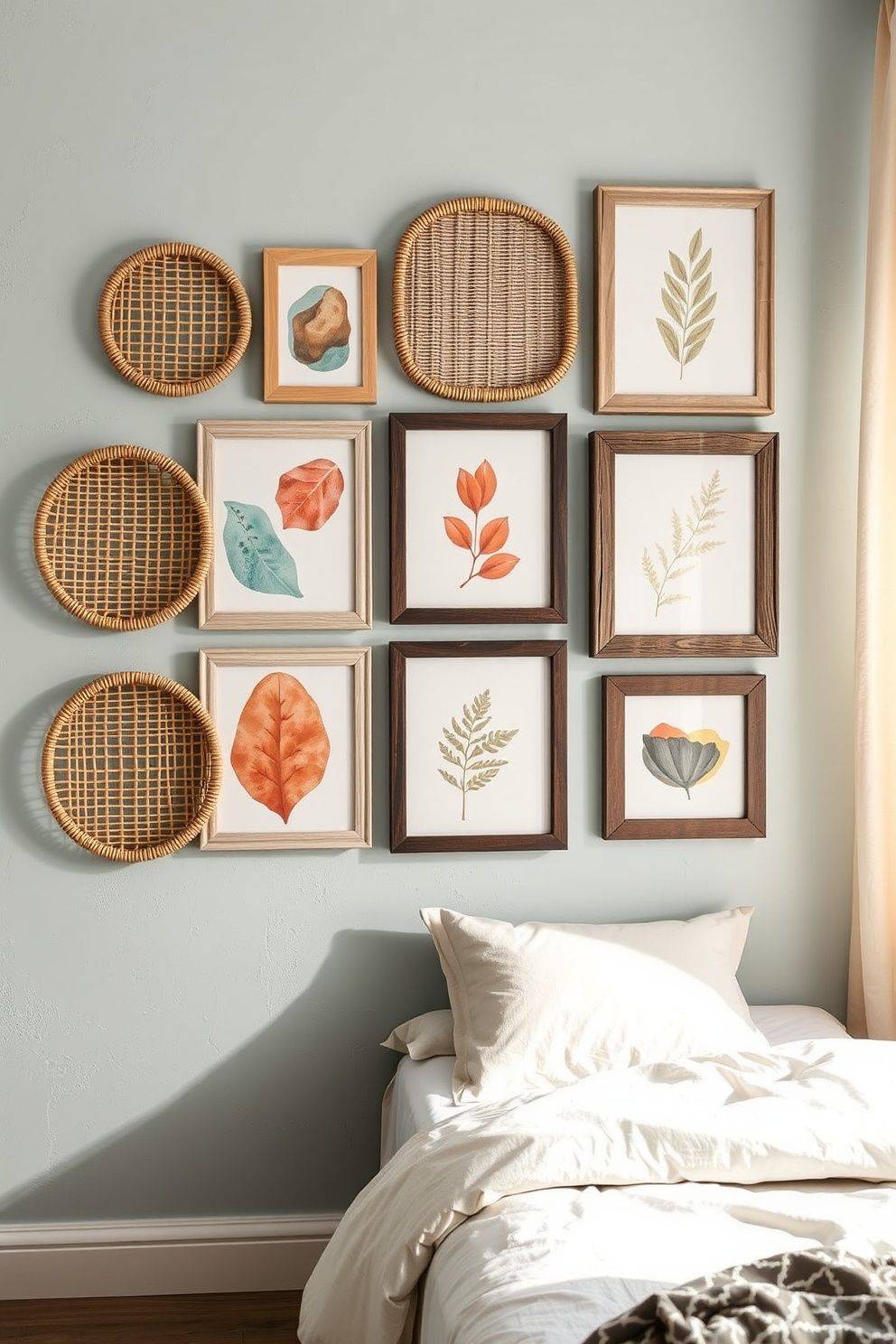 Mixed Rattan and Driftwood Frames Gallery Wall in Pastel Ocean Tones – coastal — bedroom coastal — bedroom decor · Coastal Granddaughter Bedroom: 14 Modern Youthful Takes on Classic Beach Style
