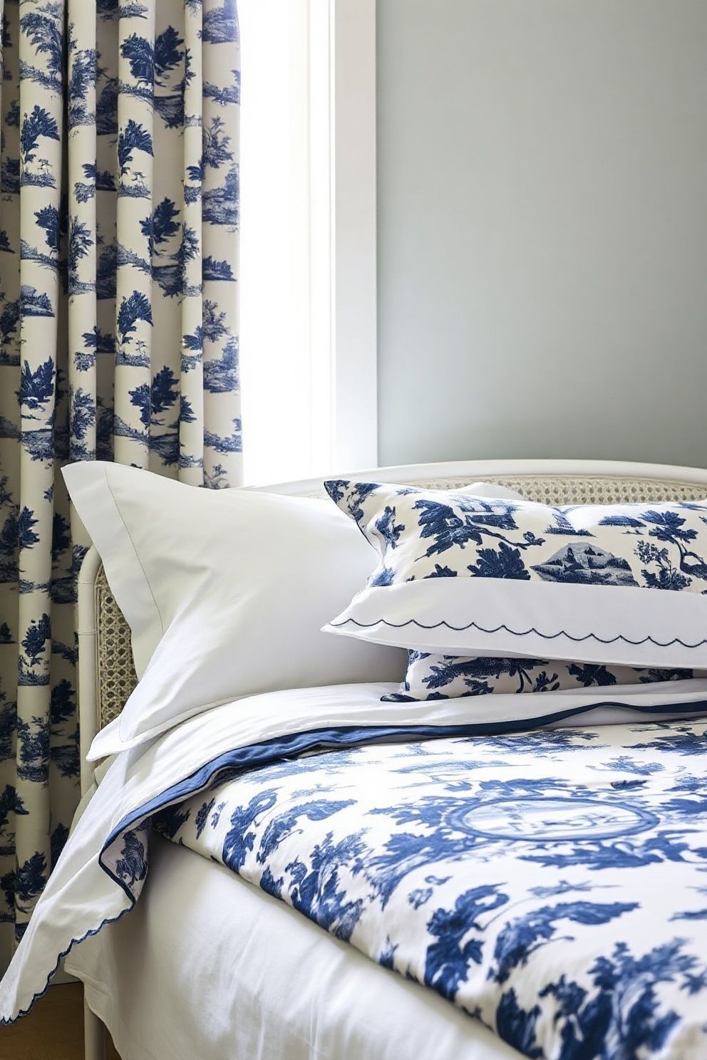 Toile Duvet Cover Paired With Embroidered White Pillowcases – coastal — bedroom coastal — bedroom decor · Coastal Grandma Bedroom: 14 Timeless Designs Full of Pattern Warmth and Heritage