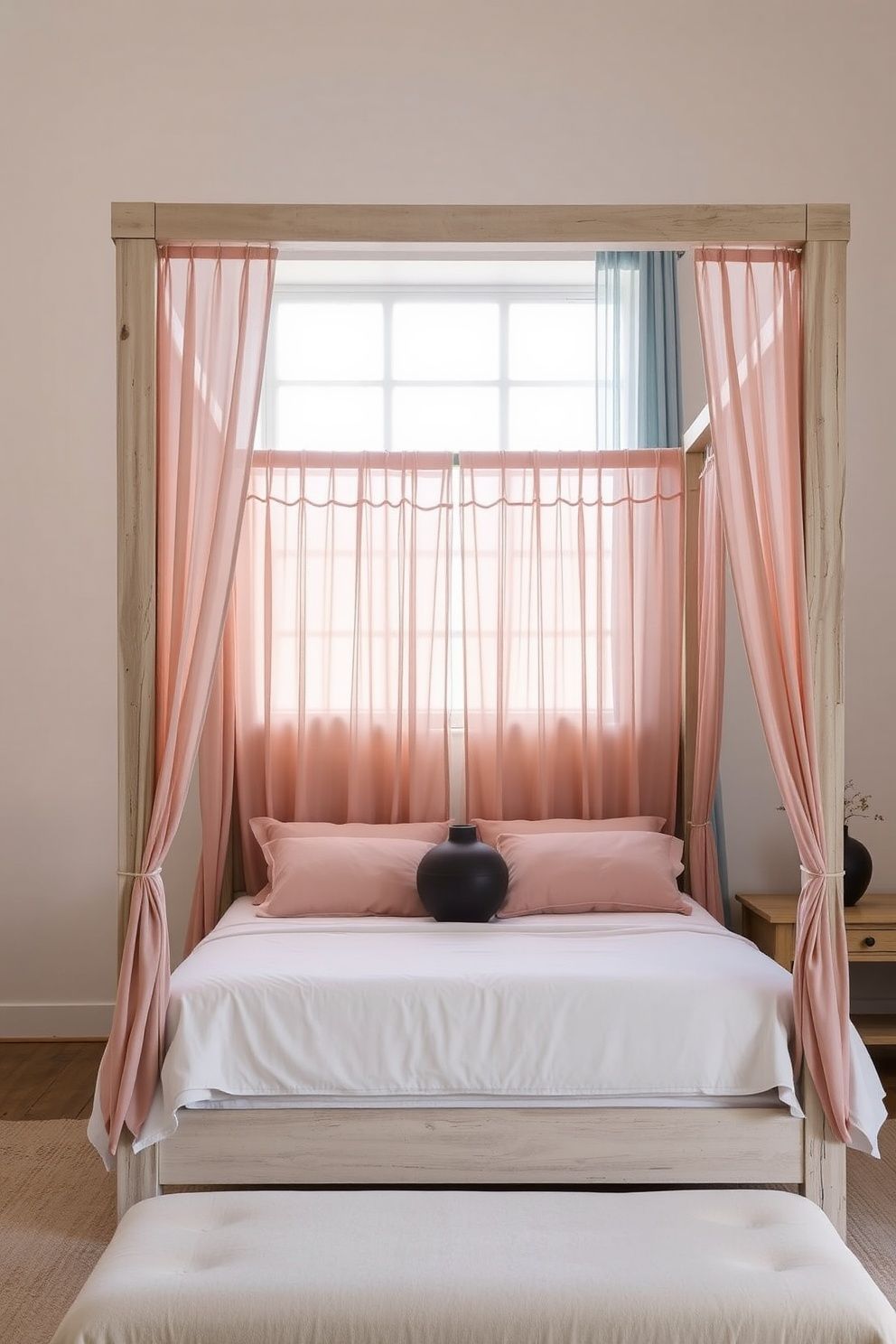 Whitewashed Wood Canopy Bed With Sheer Blush Voile Drapes – coastal — bedroom coastal — bedroom decor · Pink Coastal Bedroom: 16 Fresh Feminine Designs That Feel Like a Permanent Holiday