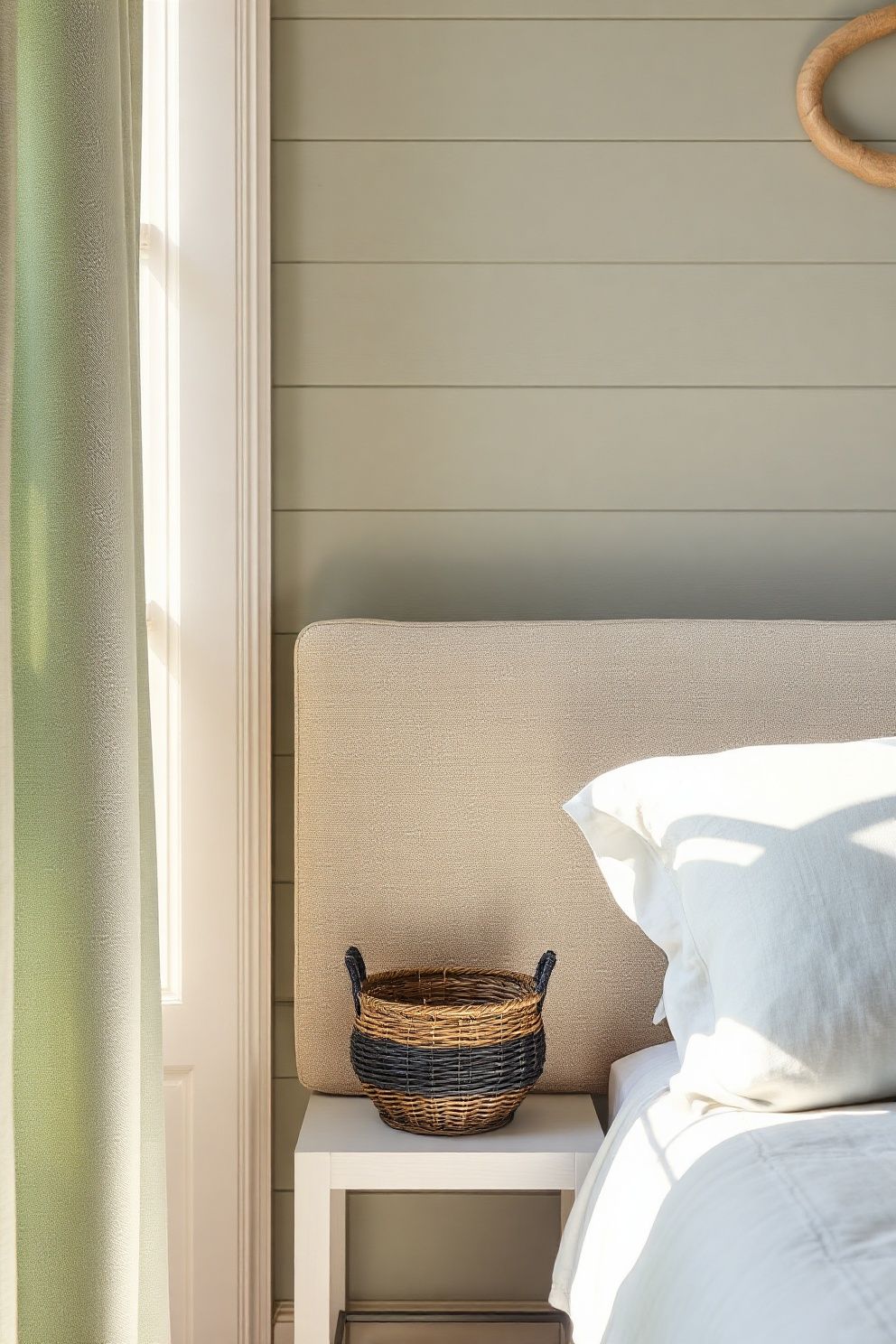 Soft Sage Painted Shiplap Behind a Raw Linen Upholstered Headboard – coastal — bedroom coastal — bedroom decor · Coastal Farmhouse Bedroom: 14 Designs Where Rustic Wood Meets the Shore