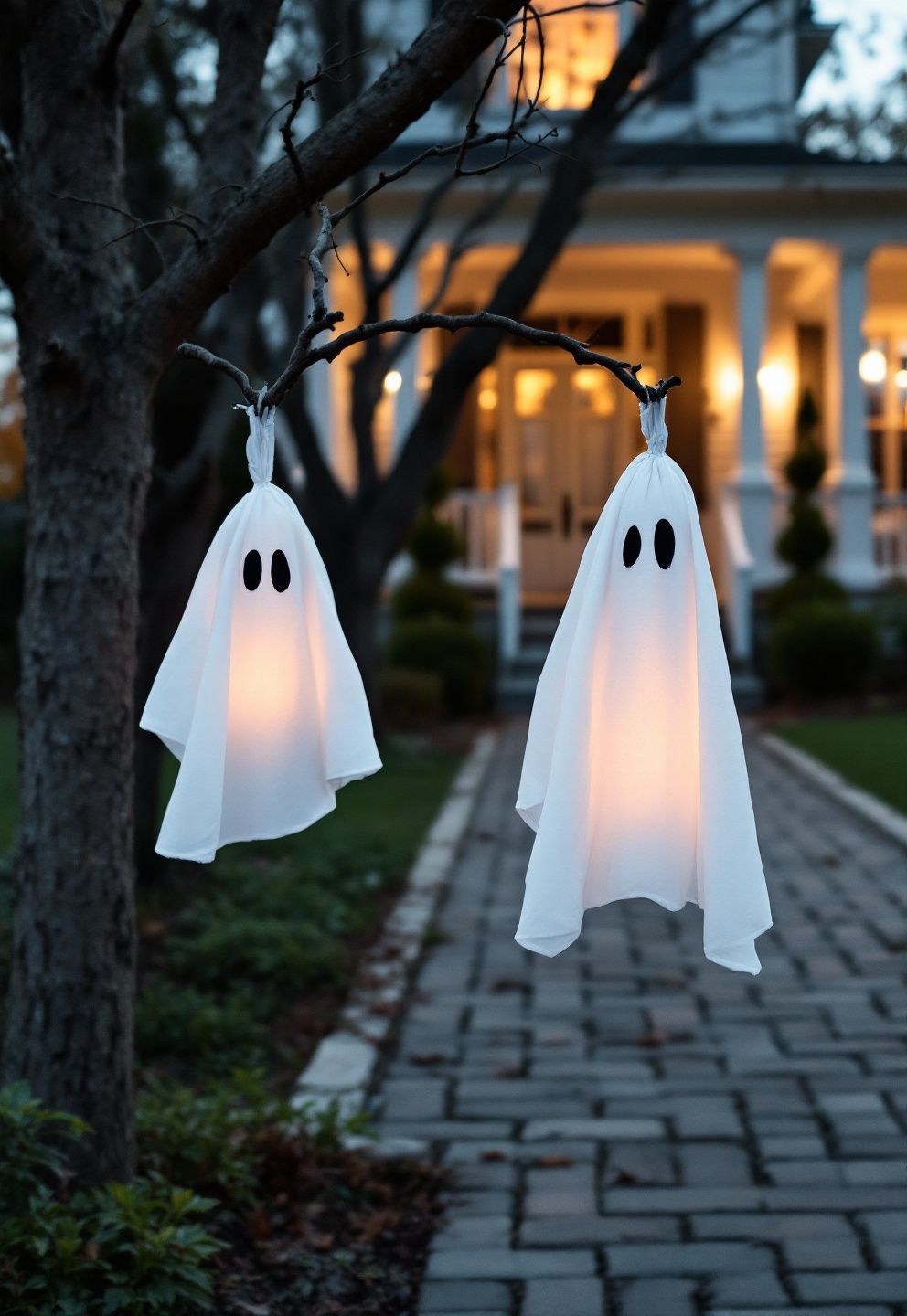 Ghost-Wrapped Trees Lining the Path to the Porch – seasonal — spring + other seasonal — spring + other decor · Halloween Porch Decor: 16 Dramatic Outdoor Designs That Wow the Whole Street