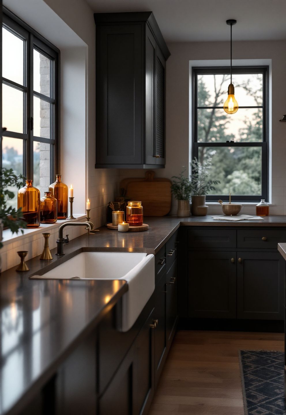 Amber Glass and Brass Accents Against Espresso Cabinets – seasonal — fall seasonal — fall decor · Fall Kitchen Decor Ideas: 14 Warm Autumn Touches That Make Cooking Feel Seasonal