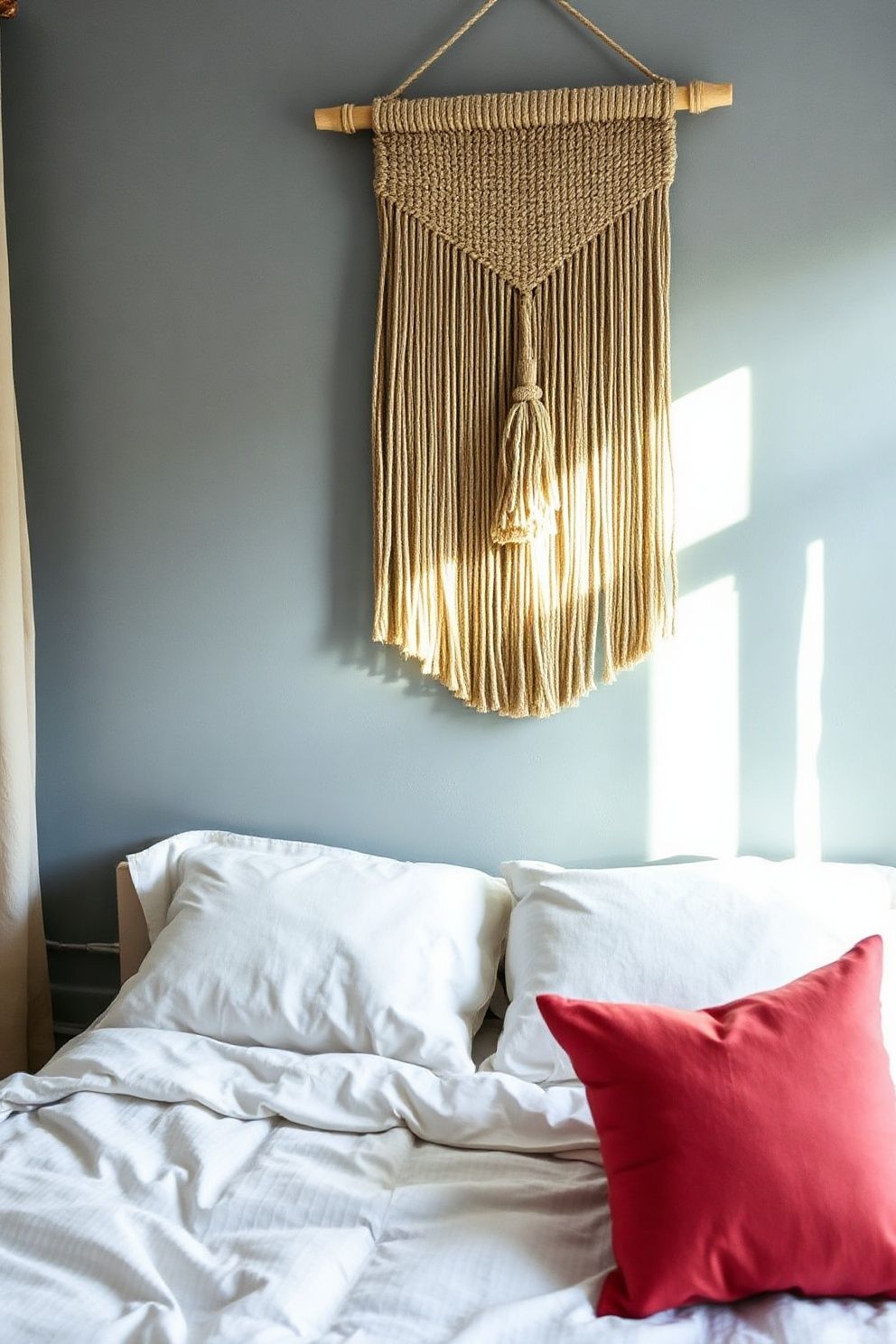 Woven Jute Wall Hanging as the Only Warm Note in a Blue Room