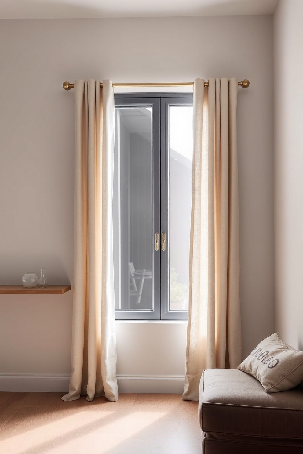 Linen Panel Curtains on a Rod Extending 8 Inches Beyond Each Side of the Frame – japandi — living room japandi — living room decor · 12 Small Japandi Living Room Ideas That Make Any Space Feel Bigger