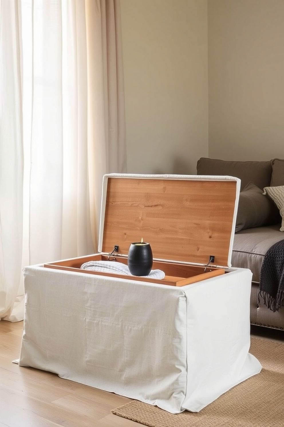 Linen-Wrapped Box Ottoman with Internal Storage Tray – japandi — living room japandi — living room decor · Japandi Living Room Hacks DIY and Storage: The Complete Resource