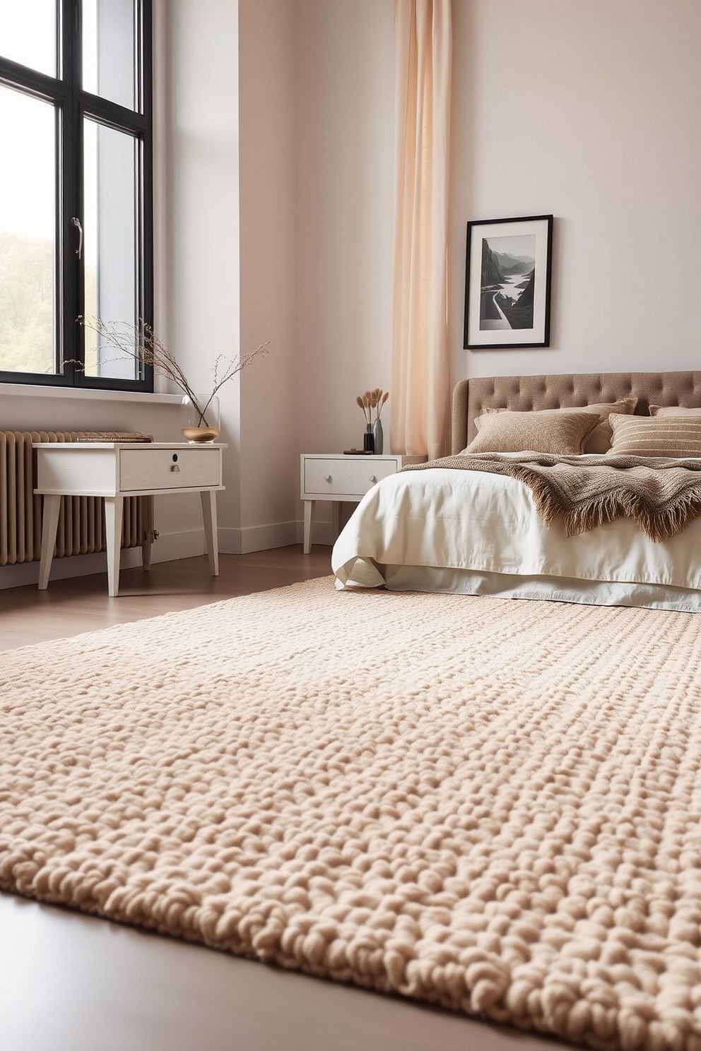 High-Low Tufted Wool Rug in an Undyed Ivory and Oat Mix – coastal — bedroom coastal — bedroom decor · Cozy Coastal Bedroom: 16 Texture-Rich Ideas That Feel Like a Permanent Beach Holiday