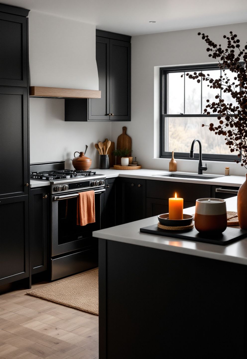 Rust and Amber Textiles Against Black Cabinets – seasonal — fall seasonal — fall decor · Fall Kitchen Decor Ideas: 14 Warm Autumn Touches That Make Cooking Feel Seasonal