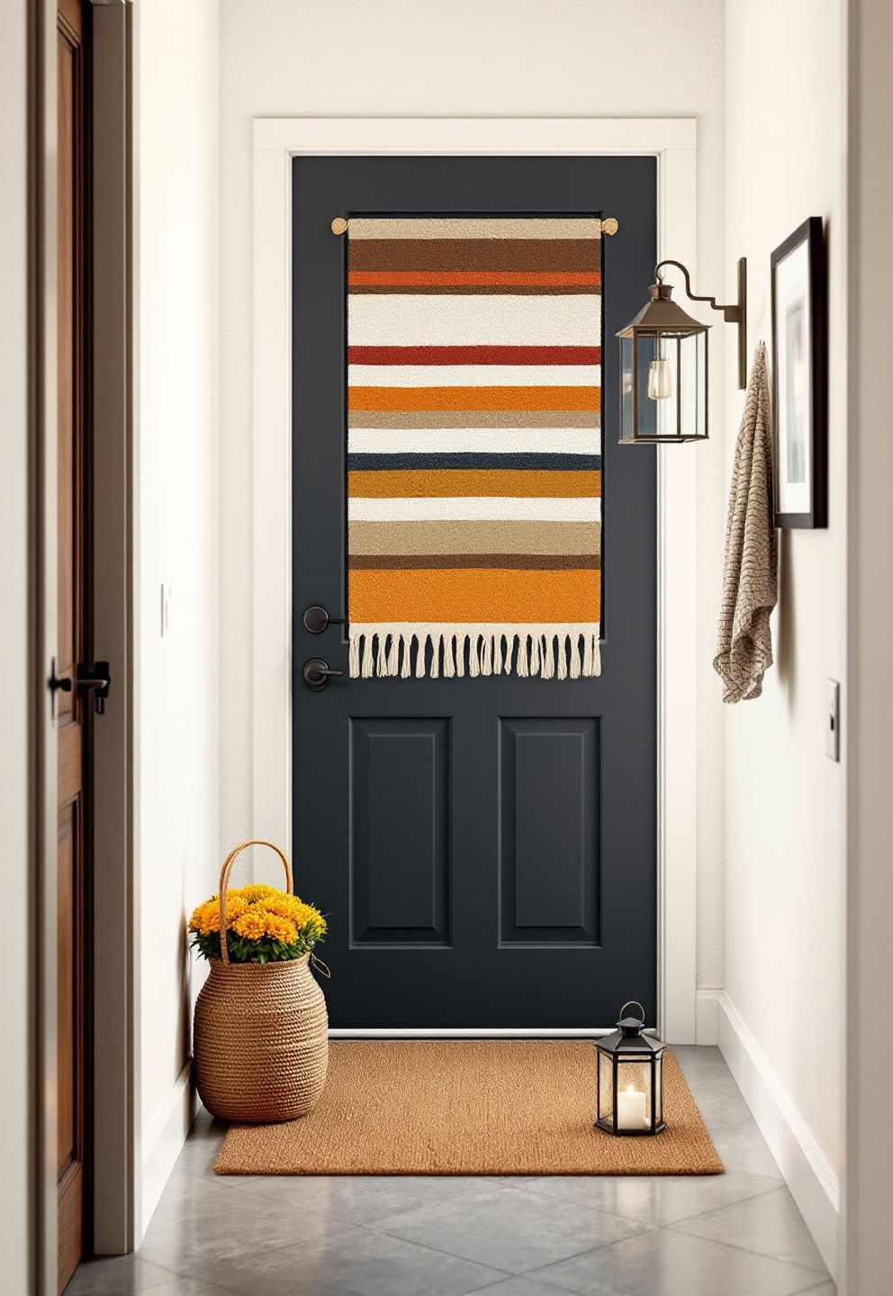 The Shared Hallway Entry: Layered Textiles, Not a Wreath – seasonal — fall seasonal — fall decor · Fall Porch Decor Ideas: 15 Welcoming Seasonal Transformations for Your Front Door