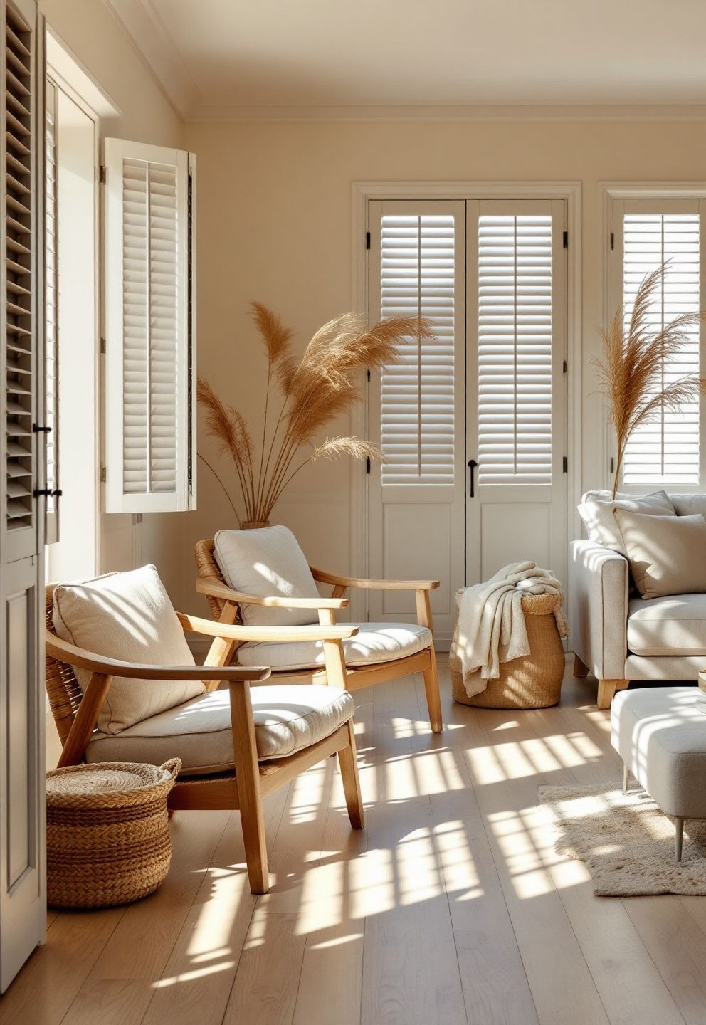 Plantation Shutters Half-Open, Dappled Light as the Design Move – coastal — living room coastal — living room decor · Coastal Living Room Ideas: 20 Beautiful Designs That Bring the Beach Home