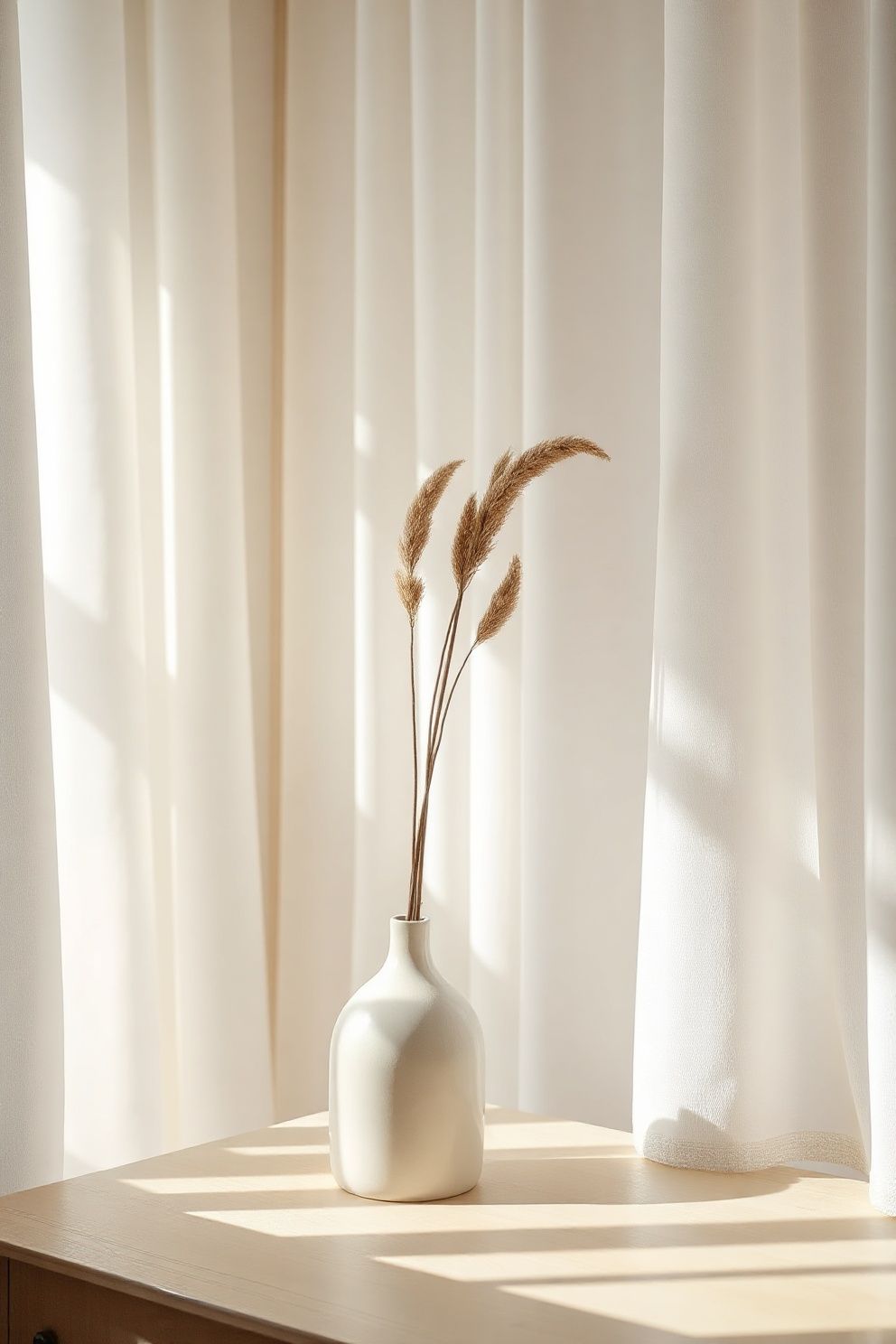 Smooth White Plaster Vase With a Single Dried Stem – Japandi coastal —-bedroom decor · Modern Coastal Bedroom: 16 Clean Airy Designs With a Fresh Ocean Feel