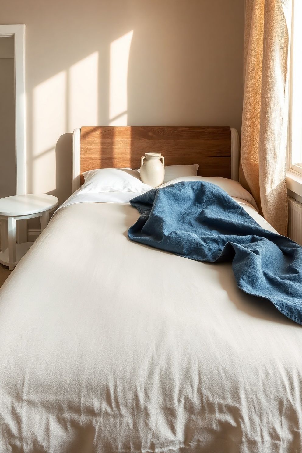 Natural Undyed Linen Sheet Set Paired With a Faded Indigo Quilt – coastal — bedroom coastal — bedroom decor · Coastal Farmhouse Bedroom: 14 Designs Where Rustic Wood Meets the Shore