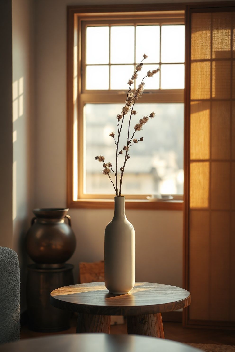 A Matte Stoneware Bottle Vase – Japandi living room decor · 17 Japandi Living Room Decor Ideas You Will Want to Steal Right Now