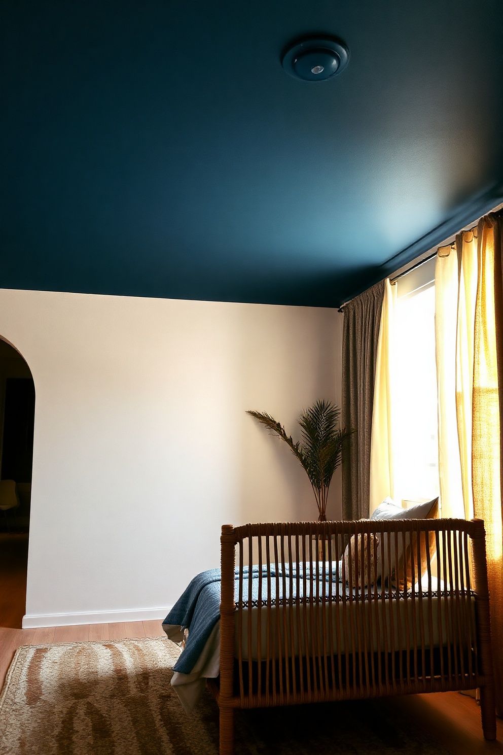 Dark Denim Blue Ceiling With White-Washed Walls Below