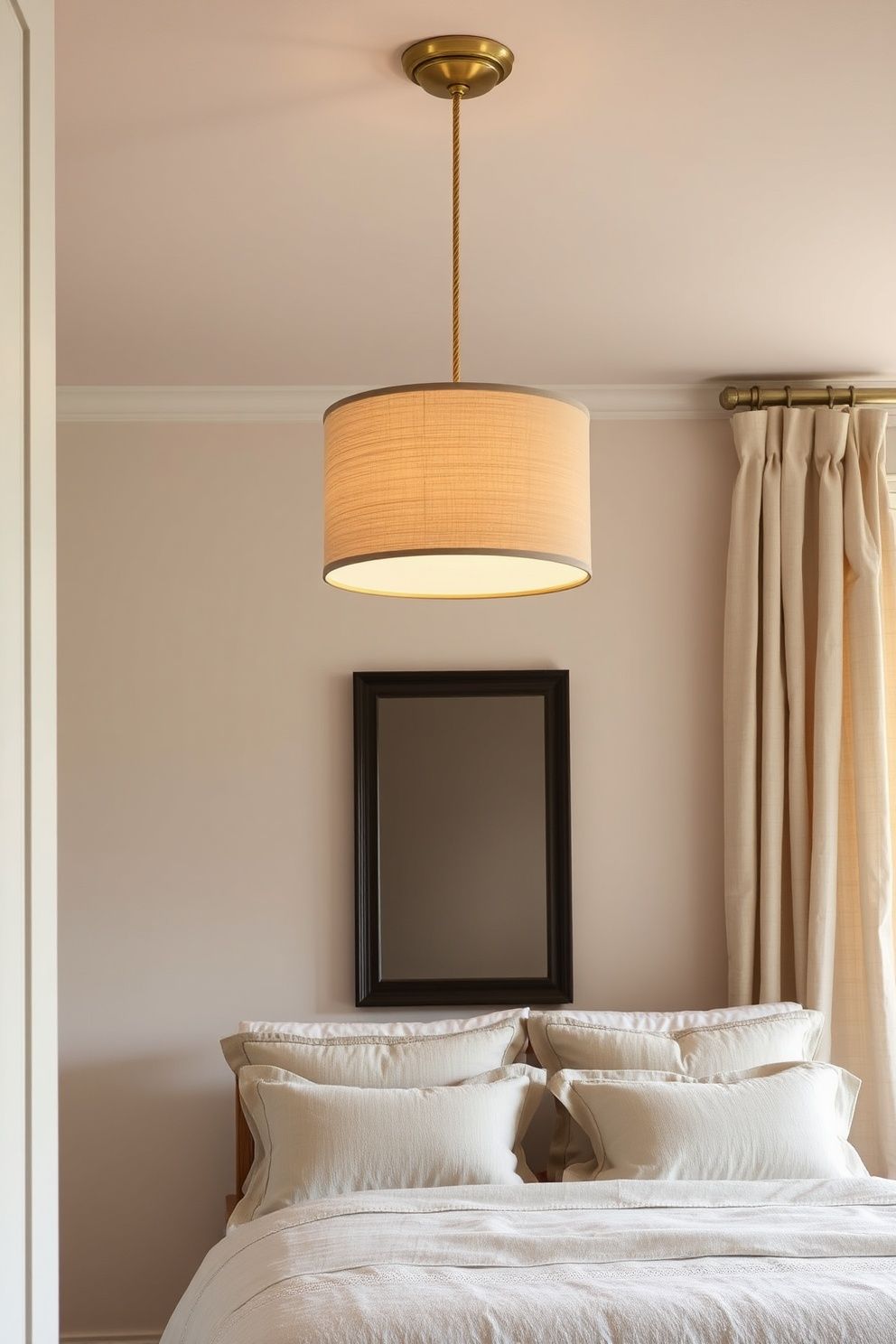 Brass Ceiling Rose With a Long-Drop Woven Linen Shade Pendant Over the Bed – coastal — bedroom coastal — bedroom decor · Coastal Chic Bedroom: 14 Elegant Designs for a Luxury Beach House Feeling