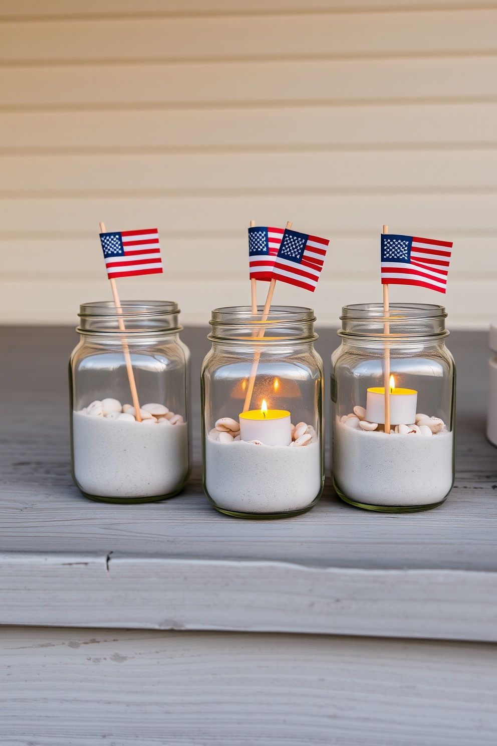 Mason Jar Lanterns Filled With Sand, Shells, and Patriotic Flags – seasonal — spring + other seasonal — spring + other decor · 4th of July Porch Decor: 14 Festive Front Door Designs for Independence Day