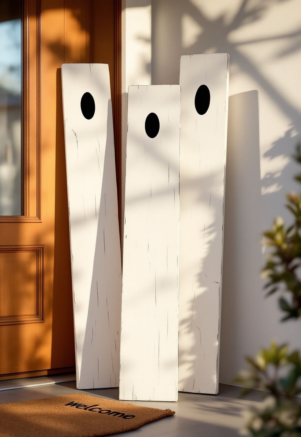 Painted Wood Plank Ghosts Leaning Against the Door Frame – seasonal — spring + other seasonal — spring + other decor · Halloween Porch Decor: 16 Dramatic Outdoor Designs That Wow the Whole Street