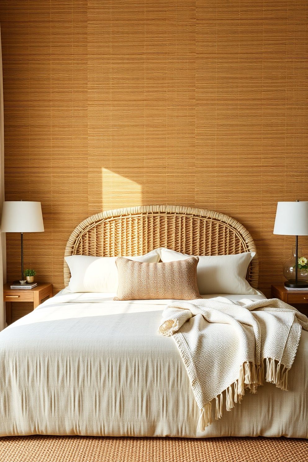Woven Grasscloth Wallpaper on a Single Bed-Facing Wall – coastal — bedroom coastal — bedroom decor · Cozy Coastal Bedroom: 16 Texture-Rich Ideas That Feel Like a Permanent Beach Holiday