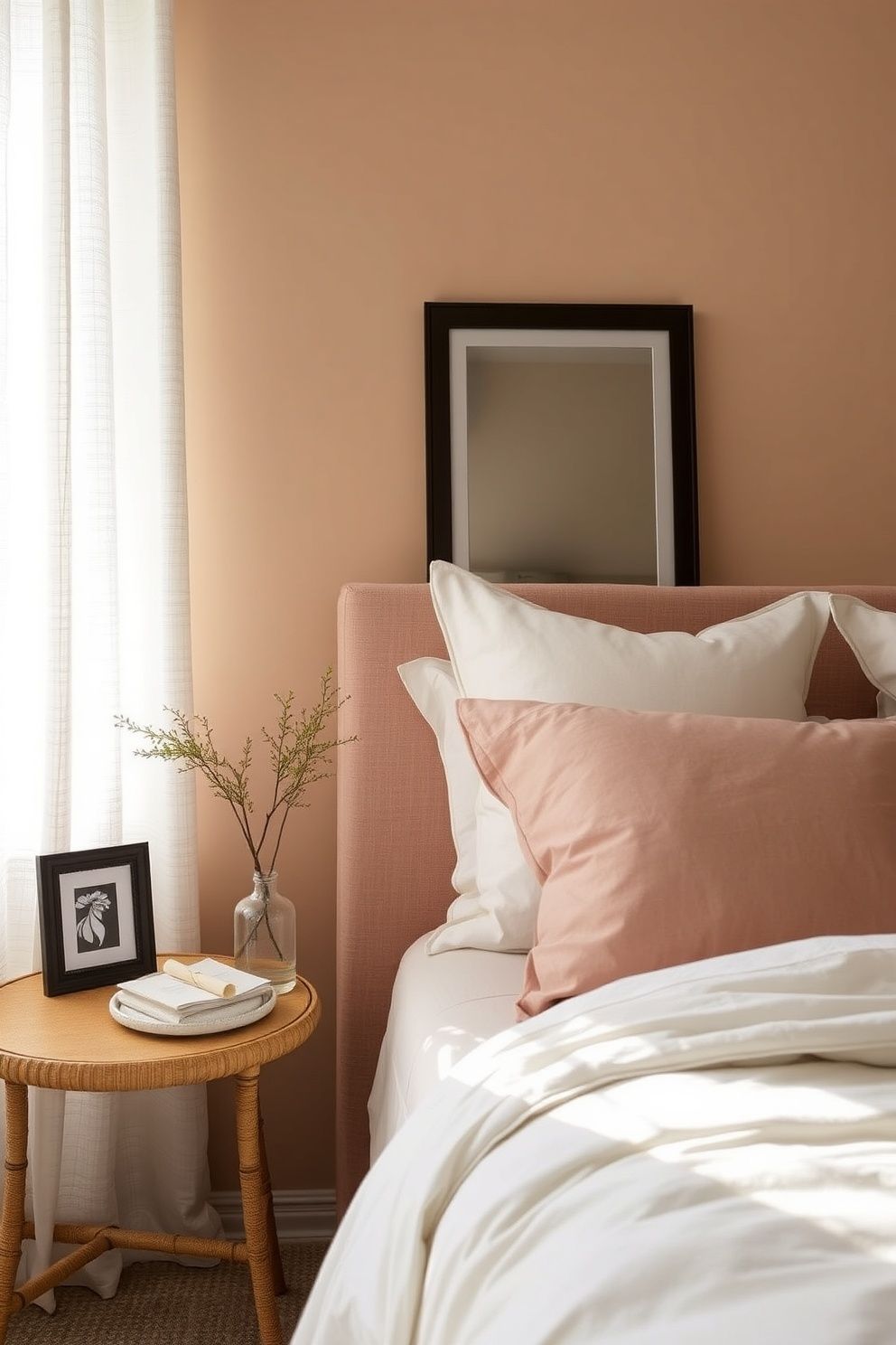 Blush Linen Upholstered Headboard With a Natural Rattan Bed Base – coastal — bedroom coastal — bedroom decor · Pink Coastal Bedroom: 16 Fresh Feminine Designs That Feel Like a Permanent Holiday