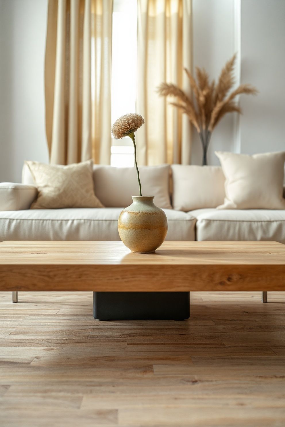 A Pinched Stoneware Bud Vase — Alone on the Coffee Table, Nothing Beside It – japandi — living room japandi — living room decor · 12 Small Japandi Living Room Ideas That Make Any Space Feel Bigger