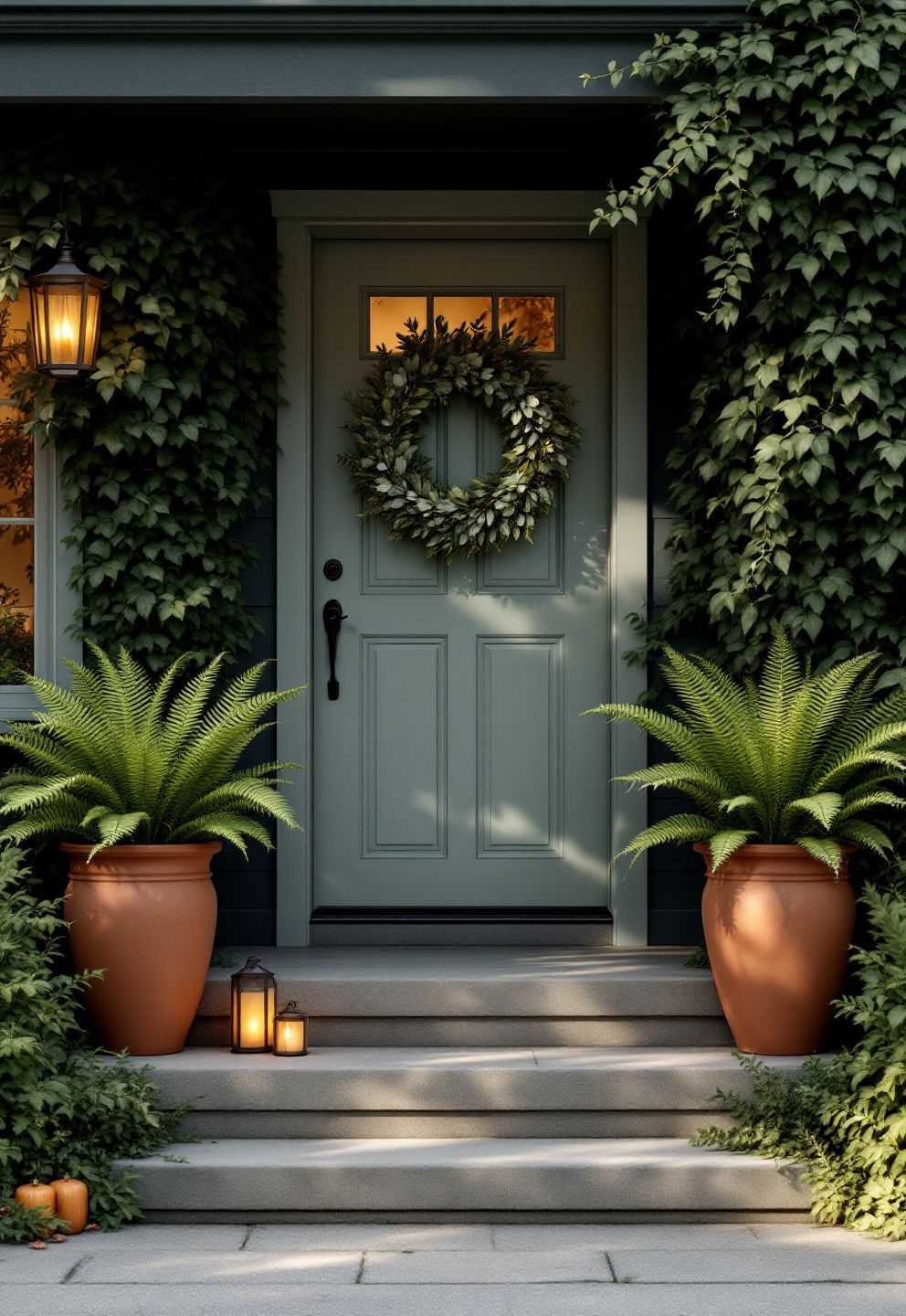Fern and Greenery Forward: Deep Green Over Orange – seasonal — fall seasonal — fall decor · Fall Porch Decor Ideas: 15 Welcoming Seasonal Transformations for Your Front Door