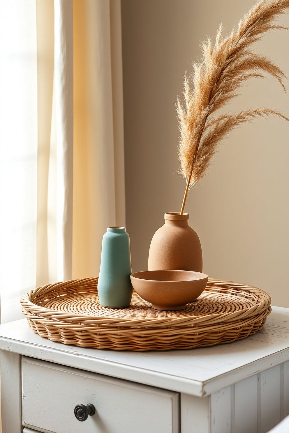 Rattan Tray With Pastel Ceramic Vessels and a Dried Pampas Stem – coastal — bedroom coastal — bedroom decor · Coastal Granddaughter Bedroom: 14 Modern Youthful Takes on Classic Beach Style