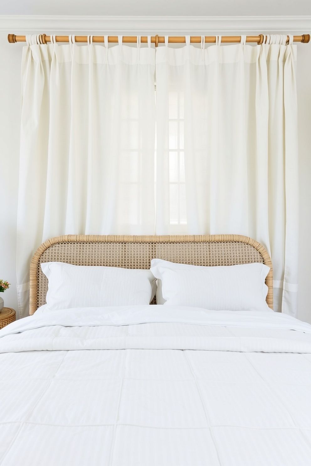 Unlined Sea-Salt White Linen Panels Hung High and Wide of the Frame – coastal — bedroom coastal — bedroom decor · Small Coastal Bedroom: 14 Space-Smart Designs That Feel Like a Beach Retreat