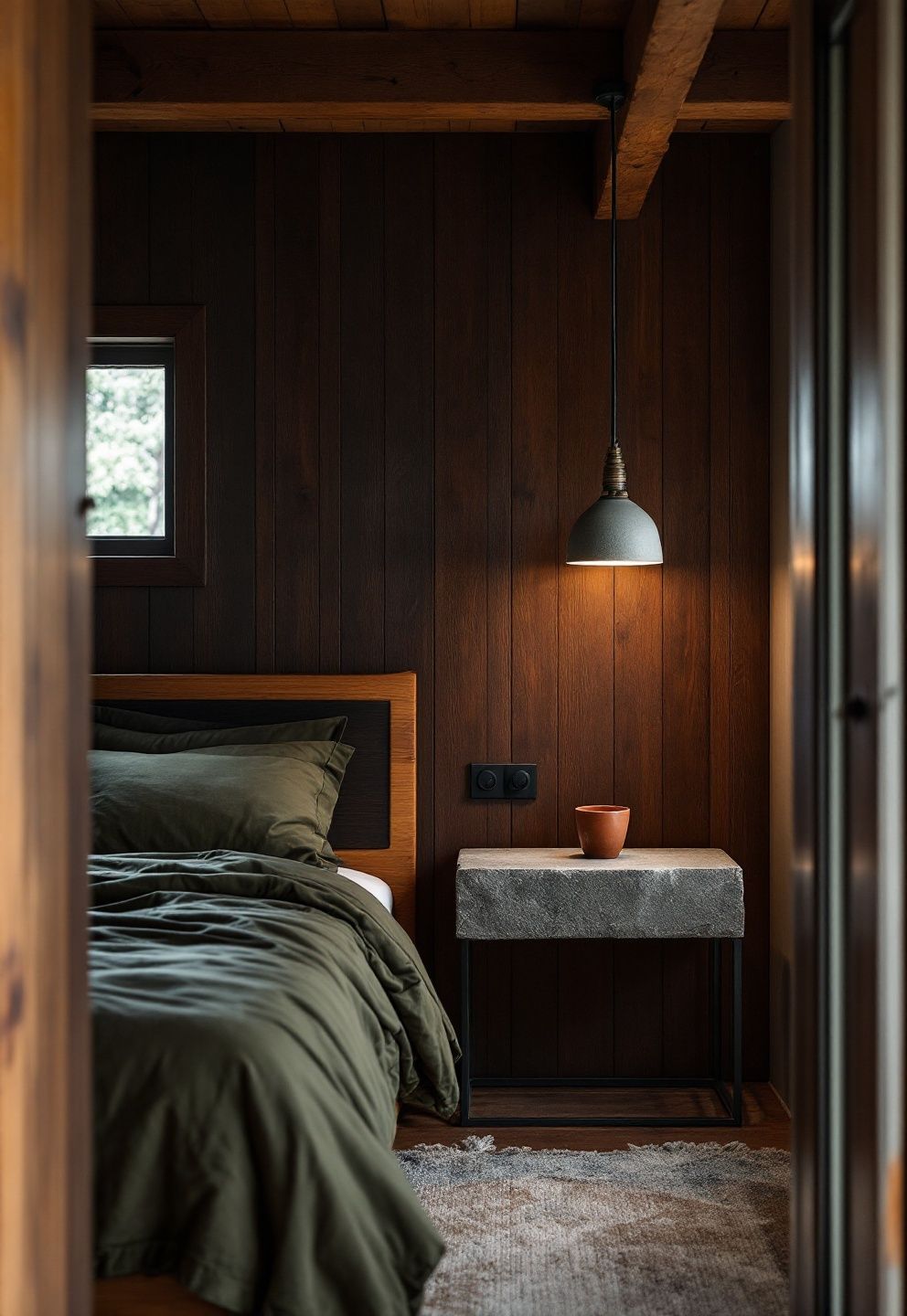 Dark-Stained Fir Bed Frame, Moss Green Linen, and Raw Stone Nightstands Under Redwood Beams – coastal — bedroom coastal — bedroom decor · California Coastal Bedroom: 14 Laid-Back Golden State Designs That Feel Like Permanent Summer