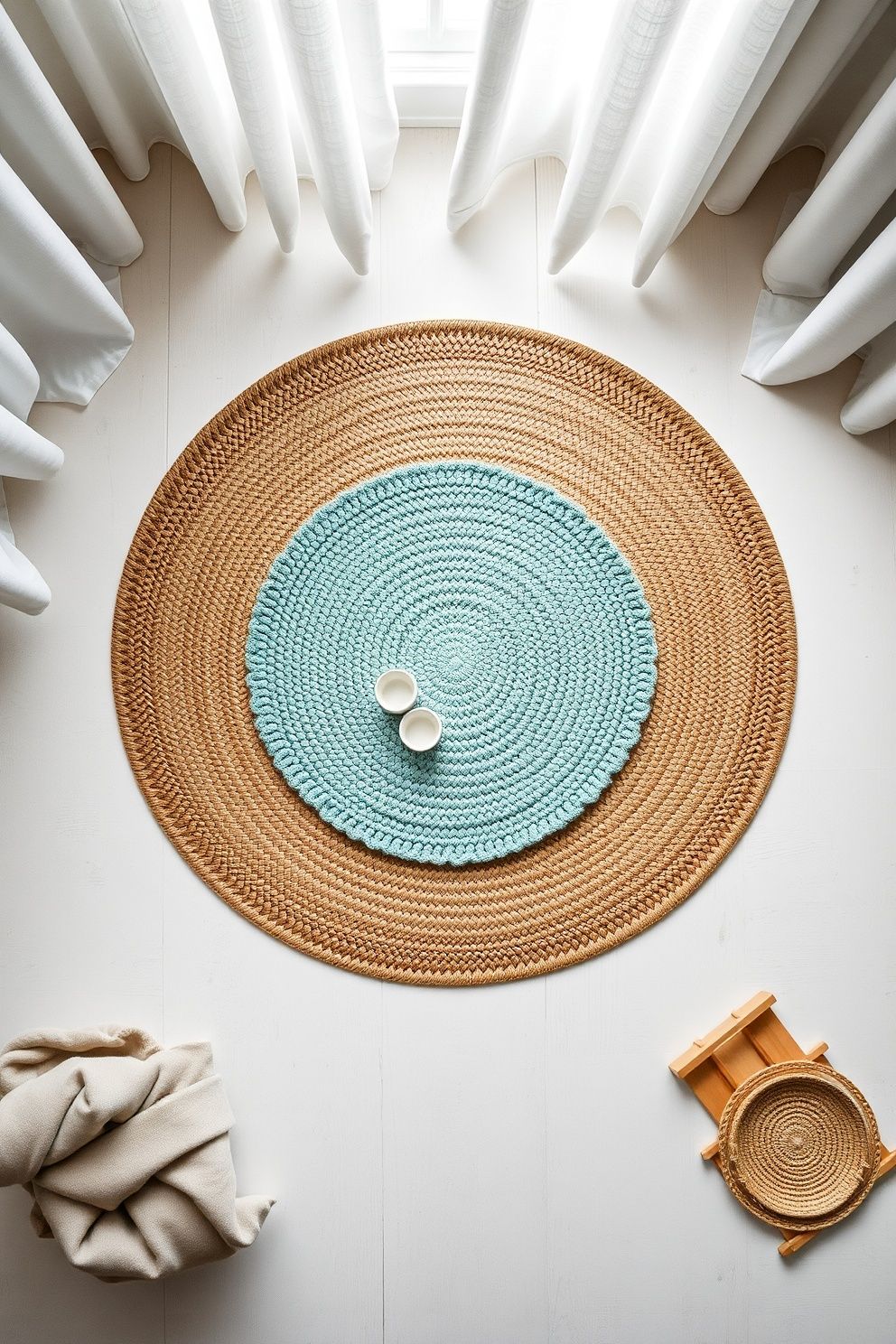 Layered Round Jute Mat Under a Soft Aqua Boucle Accent Rug – coastal — bedroom coastal — bedroom decor · Coastal Granddaughter Bedroom: 14 Modern Youthful Takes on Classic Beach Style