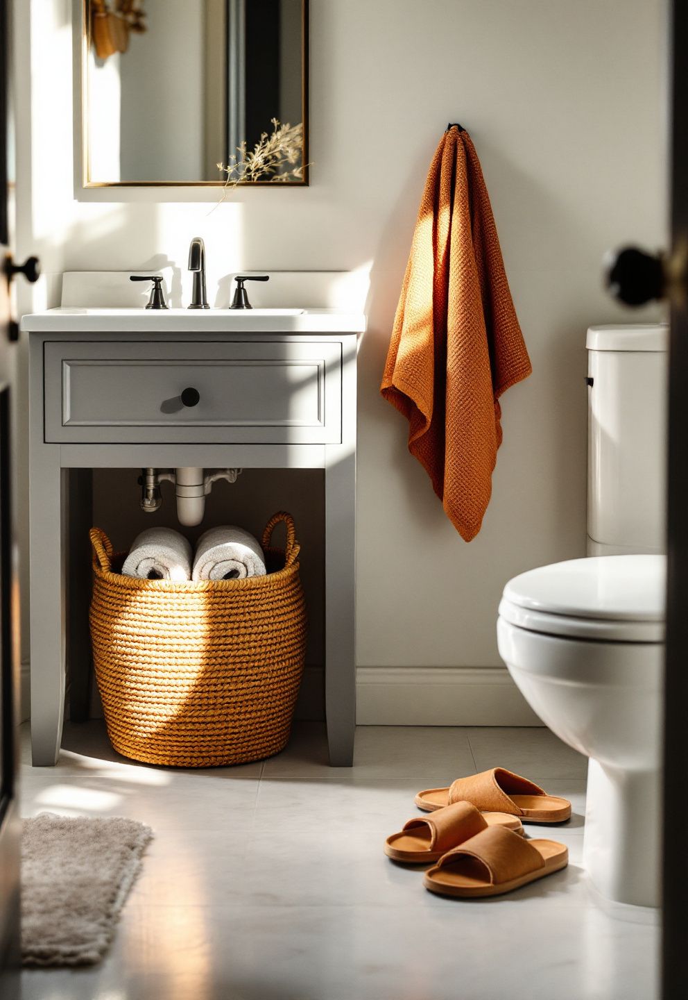 Woven Seagrass Basket Under the Vanity and a Waffle-Knit Rust Towel on the Hook – seasonal — fall seasonal — fall decor · Fall Bathroom Decor: 16 Cozy Autumn Touches That Transform the Most Private Room