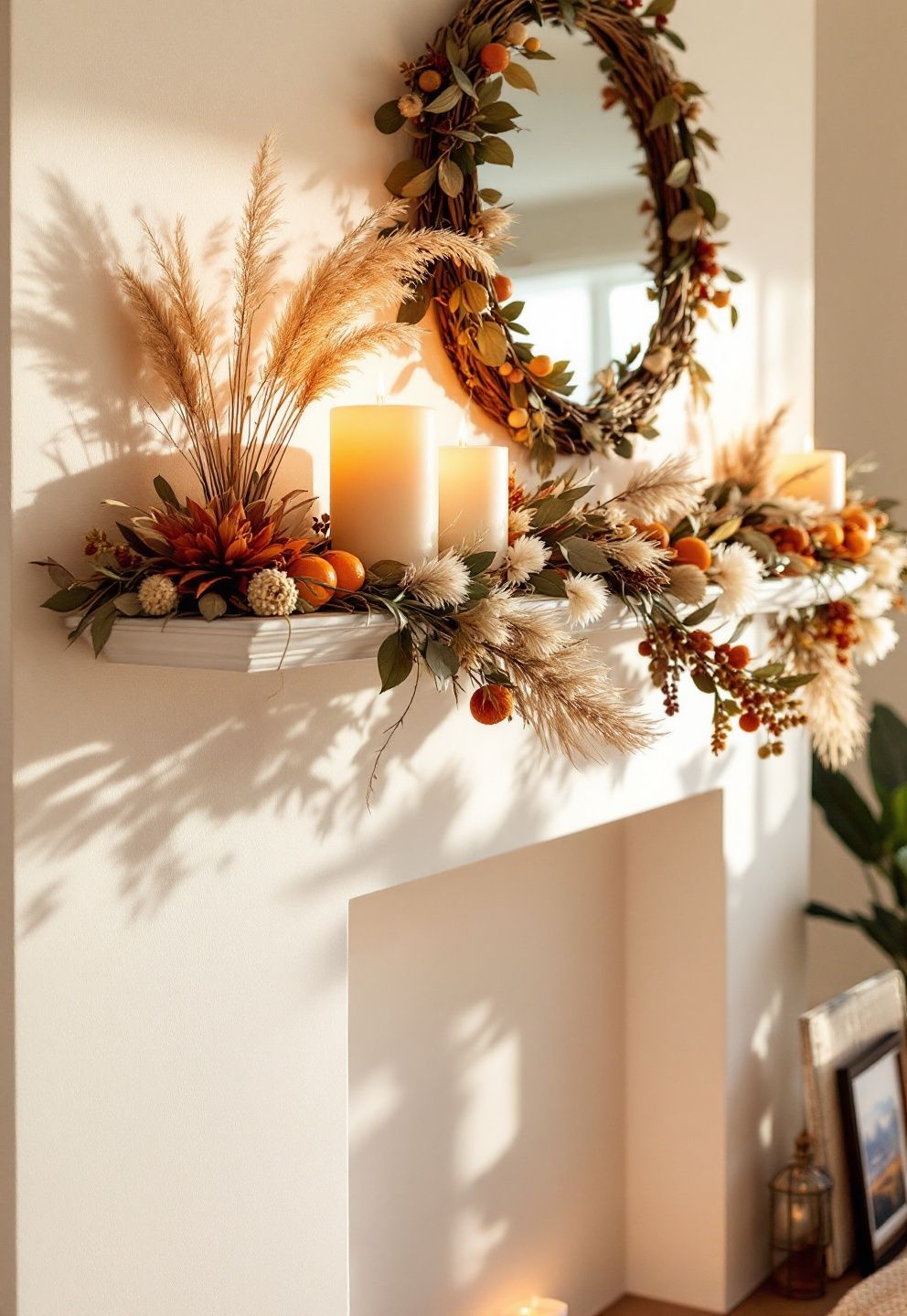 Dried Floral Thanksgiving Mantel Garland: Building a Full-Width Boho Shelf Display – seasonal — fall seasonal — fall decor · Thanksgiving Mantel Decor: 7 Warm Fireplace Styling Ideas for November