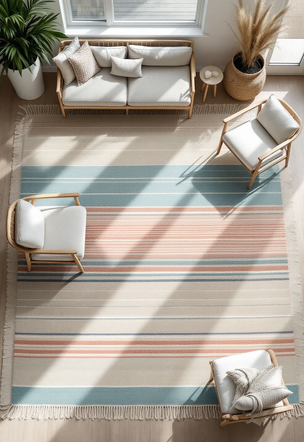 Oversized Hand-Knotted Wool Rug, Pale Furniture Above It – coastal — living room coastal — living room decor · Coastal Living Room Ideas: 20 Beautiful Designs That Bring the Beach Home