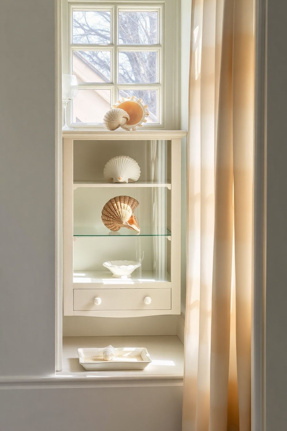 Curio Cabinet With Tiered Shell Collection by the Window – coastal — bedroom coastal — bedroom decor · Coastal Grandma Bedroom: 14 Timeless Designs Full of Pattern Warmth and Heritage