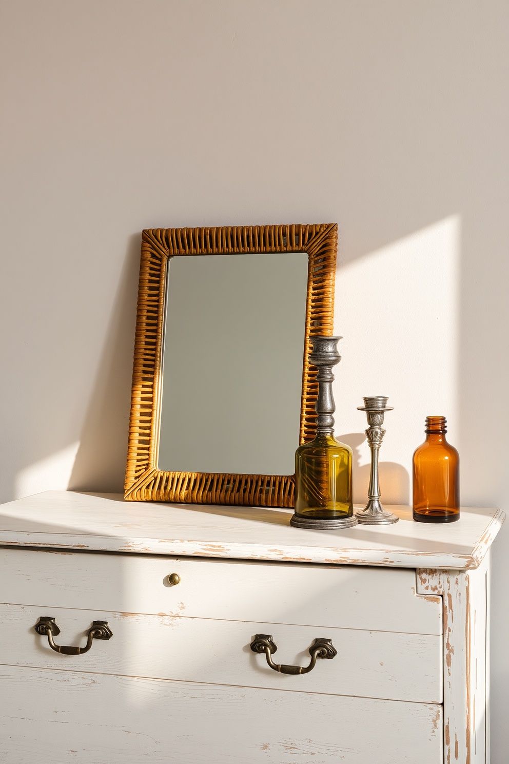 Split-Cane Rattan Dresser Mirror Frame Sitting on a Whitewashed Chest – coastal — bedroom coastal — bedroom decor · Coastal Vintage Bedroom: 14 Timeworn Designs Full of Faded Beauty and Soul