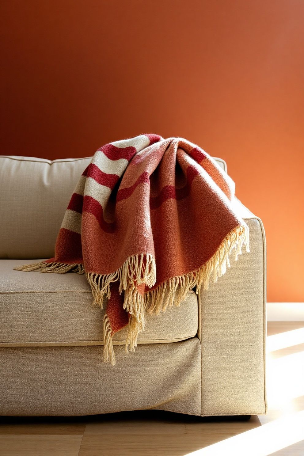 A Red and White Striped Throw Draped Over a Neutral Sofa – seasonal — spring + other seasonal — spring + other decor · 4th of July Home Decor: 16 Patriotic Designs That Celebrate America in Style