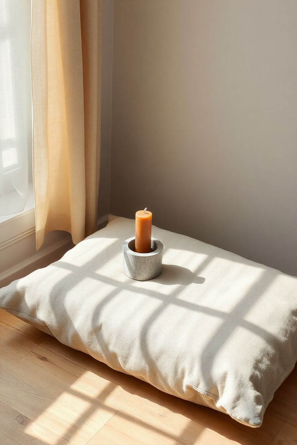 A Low Linen Floor Cushion, One Candle, One Terracotta Cup – japandi — living room japandi — living room decor · 18 Cozy Japandi Living Room Ideas That Feel Like a Warm Hug