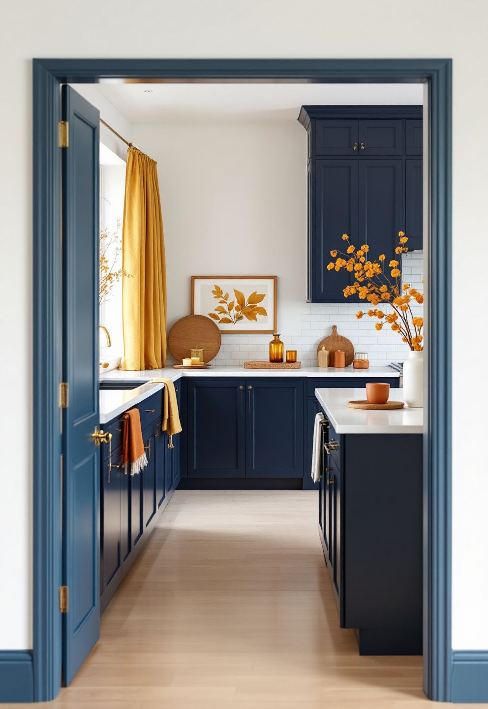 Rust and Mustard Textiles as the Warm Offset for Navy Cabinets – seasonal — fall seasonal — fall decor · Fall Kitchen Decor Ideas: 14 Warm Autumn Touches That Make Cooking Feel Seasonal