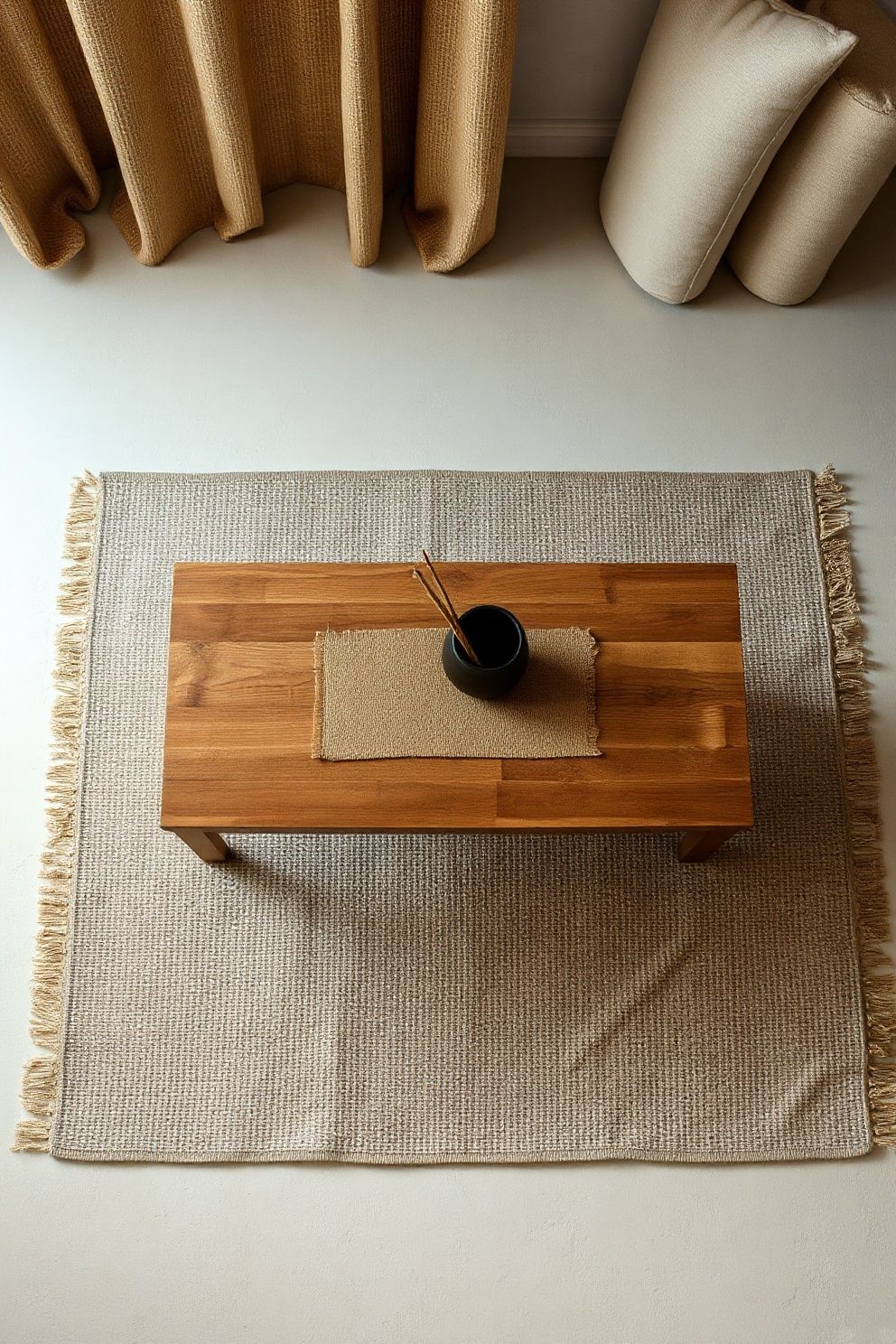 Layer a Thin Jute Runner Over a Plain Rug to Add Texture Depth – Japandi japandi —-living-room decor · 15 Japandi Living Room Ideas on a Budget That Still Look Expensive