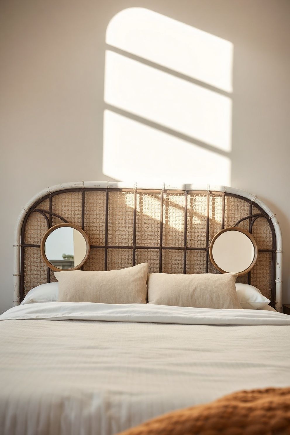 Pair of Small Convex Mirrors Flanking the Bed at Low Height – coastal — bedroom coastal — bedroom decor · Small Coastal Bedroom: 14 Space-Smart Designs That Feel Like a Beach Retreat
