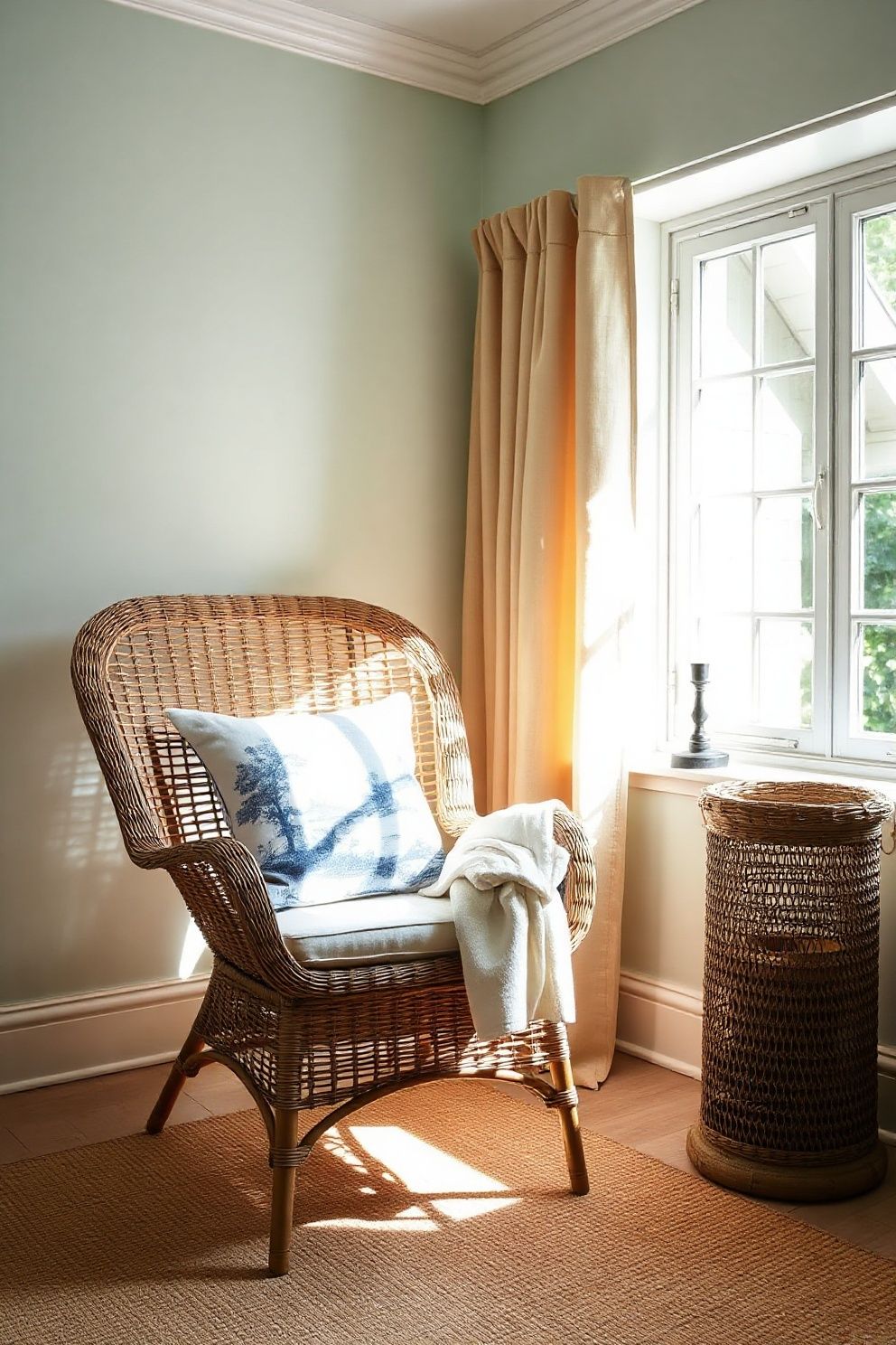 Wicker Armchair in the Corner Dressed With Toile Cushion – coastal — bedroom coastal — bedroom decor · Coastal Grandma Bedroom: 14 Timeless Designs Full of Pattern Warmth and Heritage