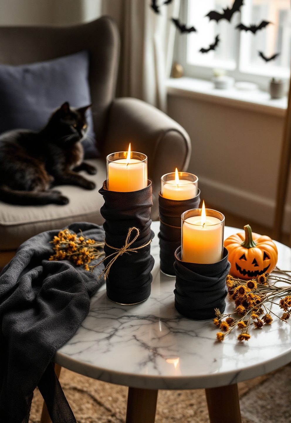 Fabric-Wrapped DIY Halloween Candle Holders With Linen and Twine – seasonal — spring + other seasonal — spring + other decor · DIY Halloween Decor: 13 Handmade Styling Ideas That Look Surprisingly Elevated