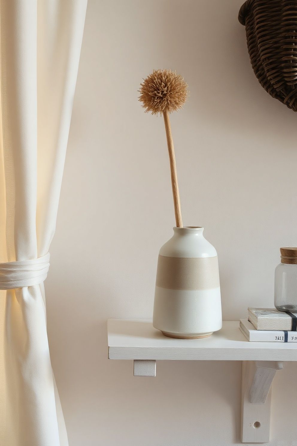 Handthrown Stoneware Jug Holding a Single Dried Seed-Head Stem – coastal — bedroom coastal — bedroom decor · Coastal Cottage Bedroom: 15 Charming Designs Full of Character and Relaxed Beauty