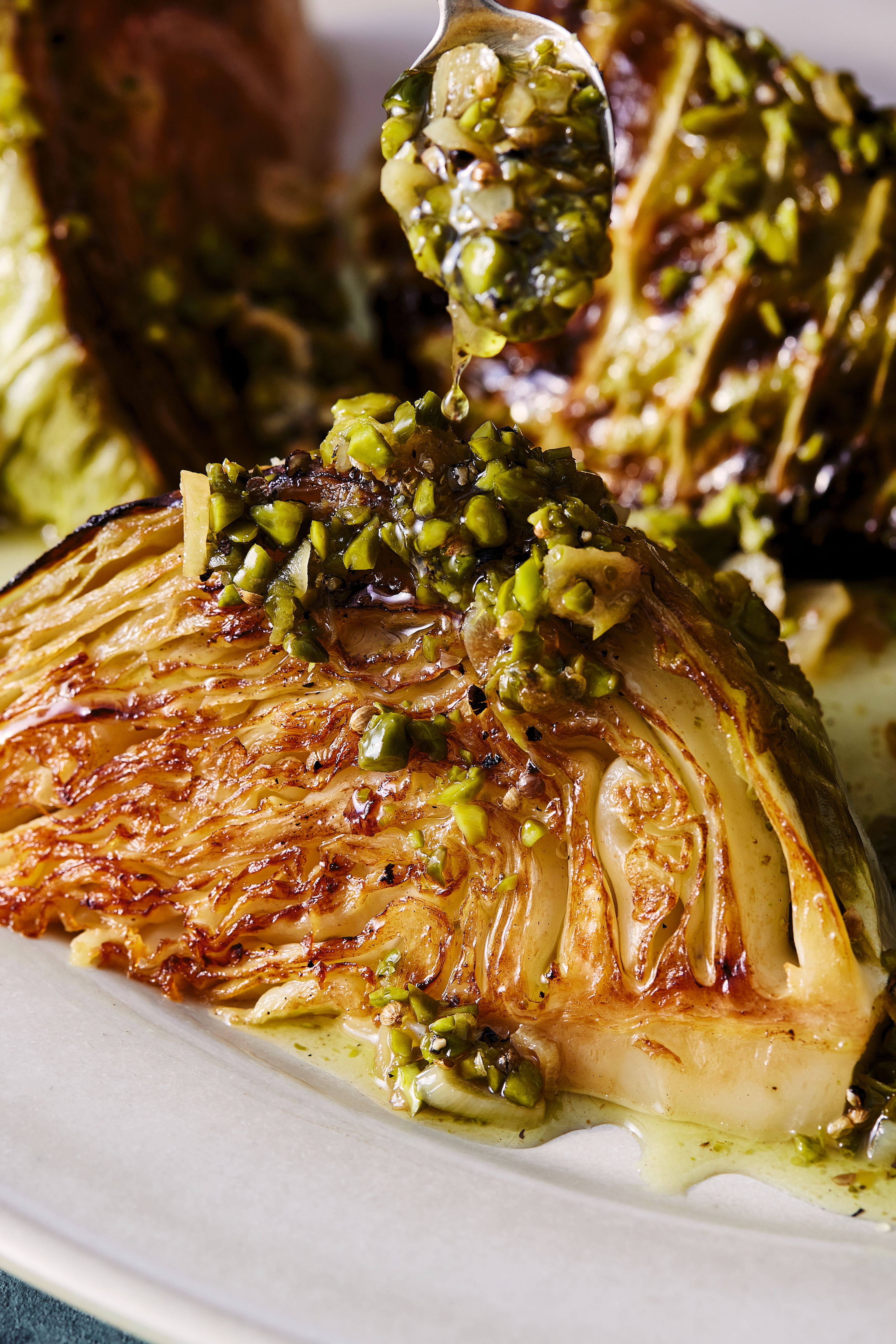 Steamy Roasted Cabbage with Crispy Garlic Pistachio Oil. (Photo: Nico Schinco)