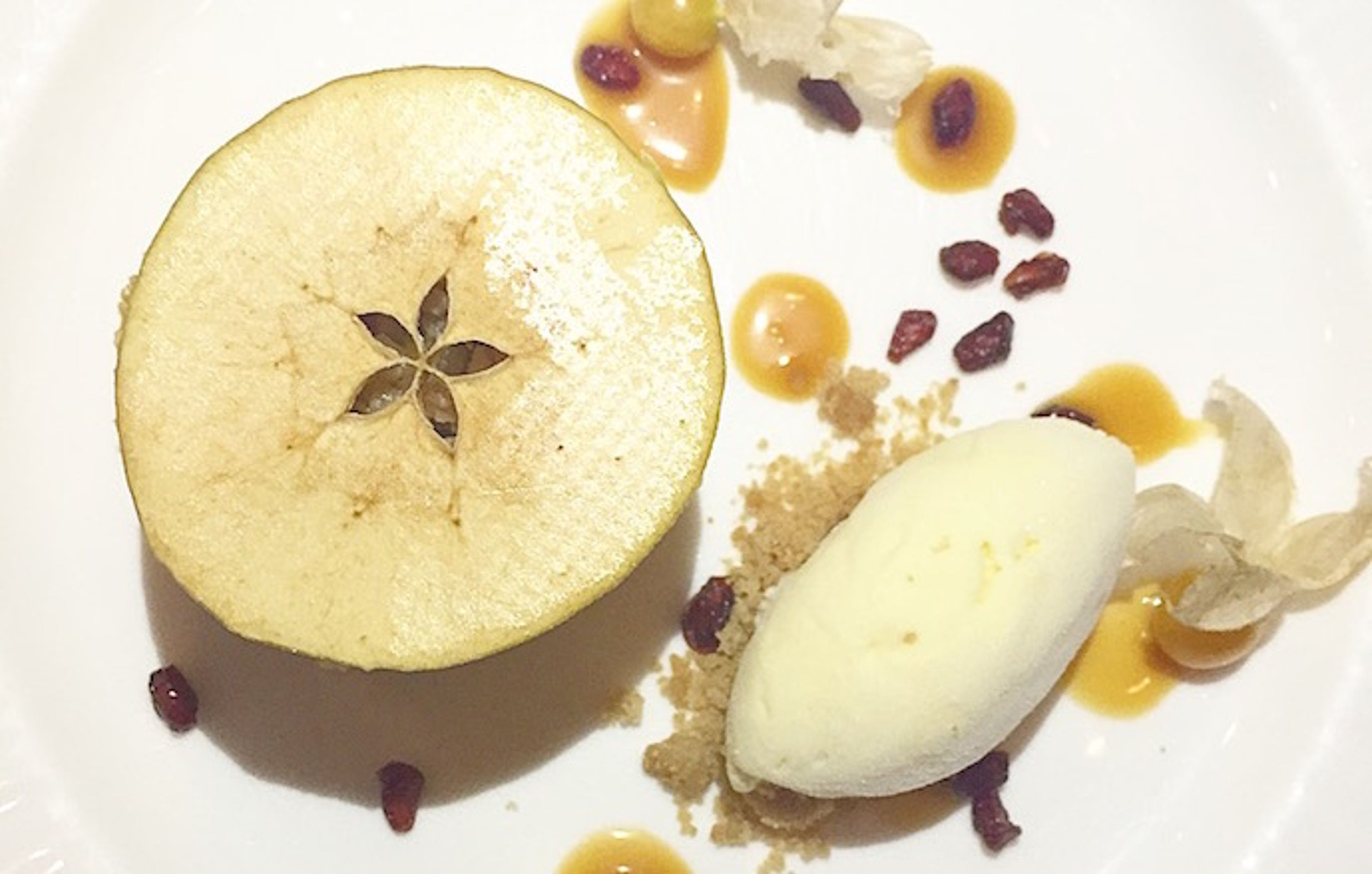 Mark Sapienza's Baked Baldwin Apple-Spiced Walnut Cake with Candy Cap Mushroom Ice Cream and Apple Jack Caramel