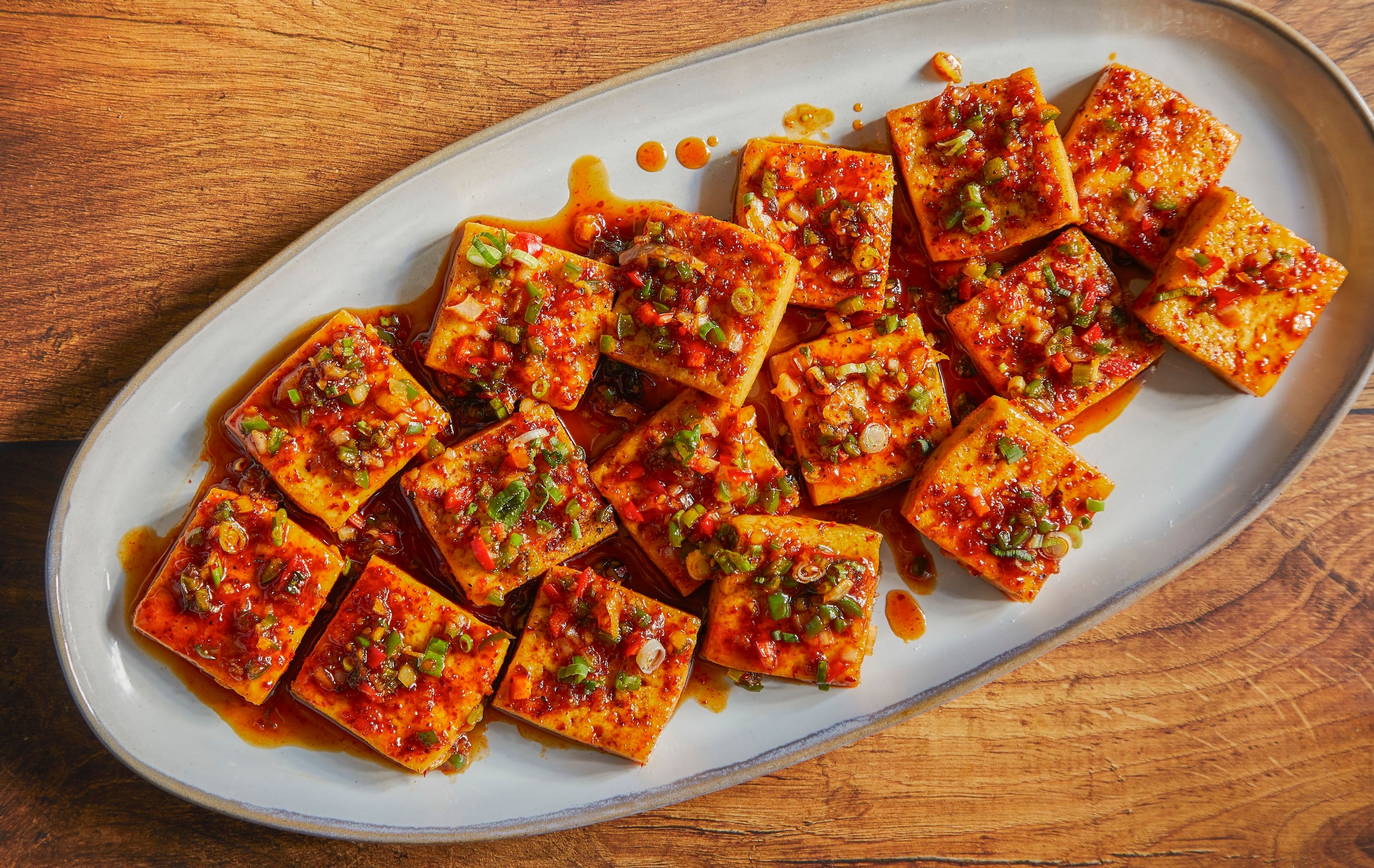 A plate of spicy tofu