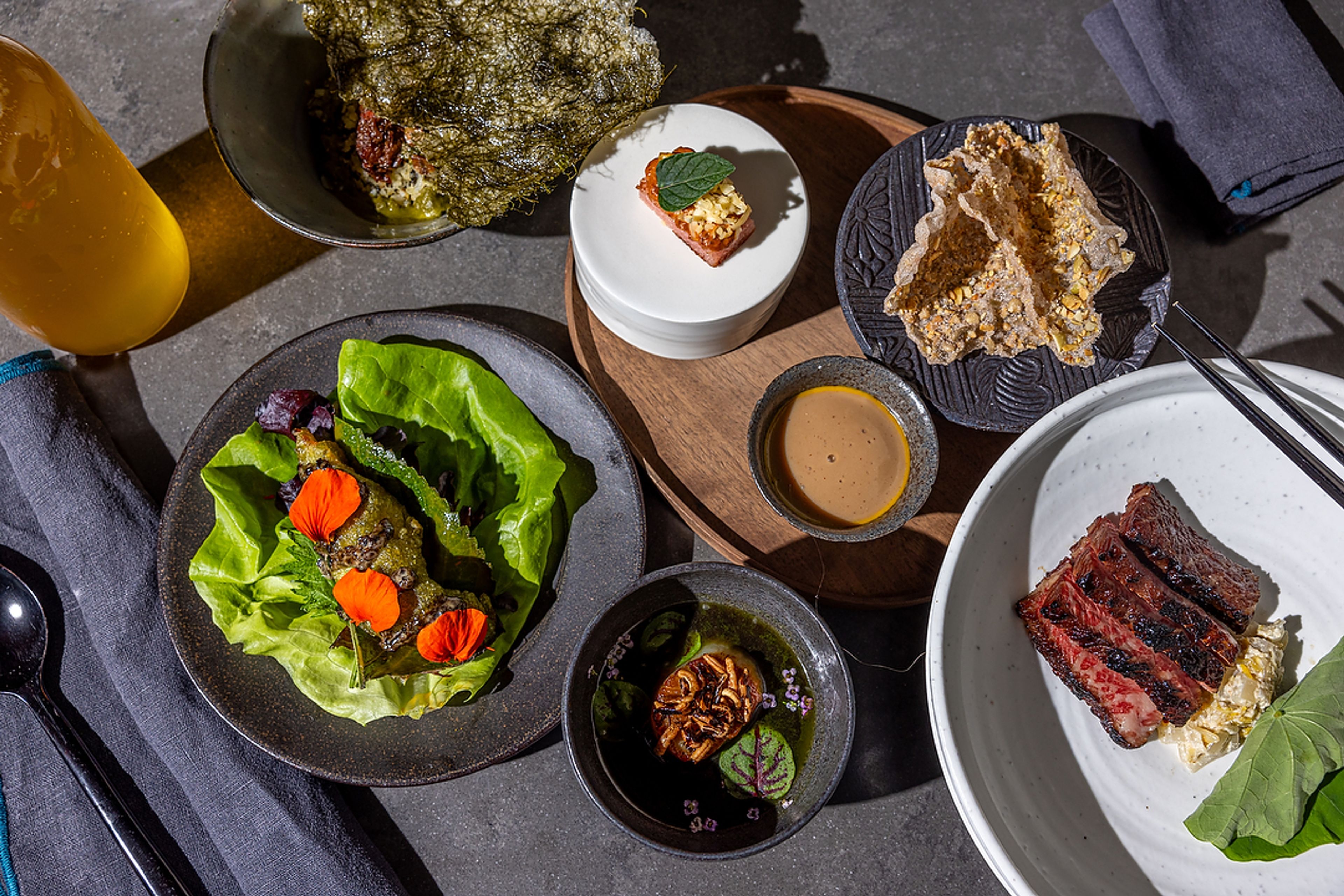 Korean dishes on a black table