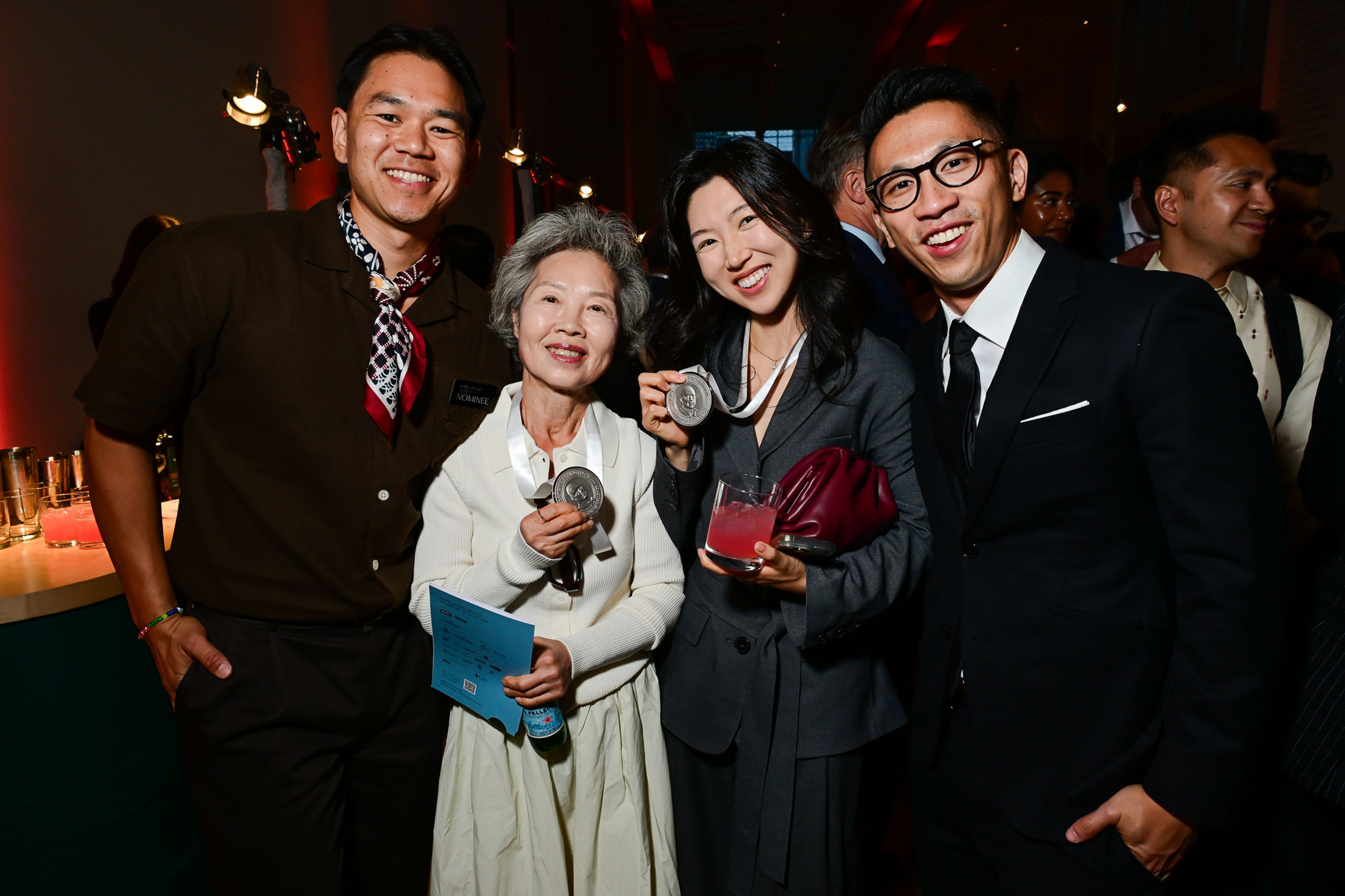 Sarah Ahn and Nam Soon Ahn at the 2026 James Beard Media Awards with James Beard Award winners Randy Lau (right) and Rio Oshiro. (Photo: Max Flatow)