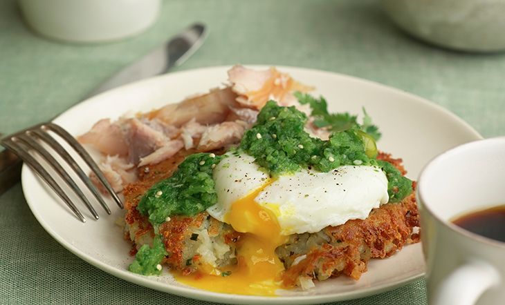 Smoked Trout Hash with Poached Eggs and Tomatillo Salsa | James Beard Foundation